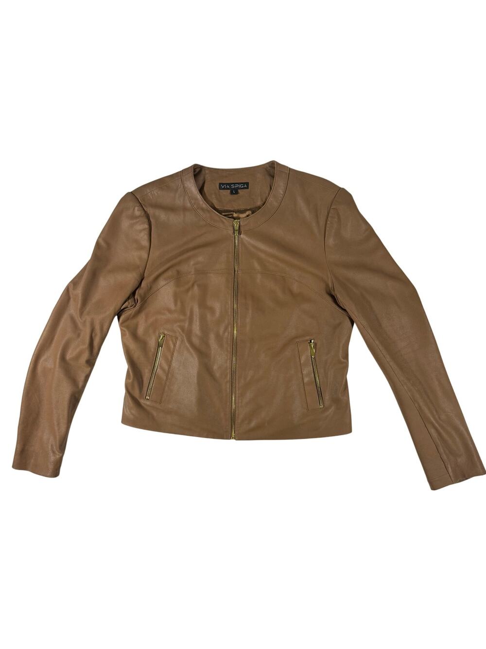 Women's Large Dark Camel Brown Moto Leather Jacket Via Spiga Gold Zip